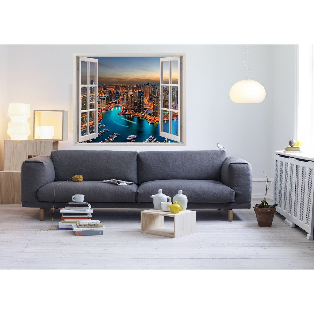 Tranh dán tường cửa sổ HD Vẻ đẹp thành phố Dubai về đêm CS-0075 Kim sa