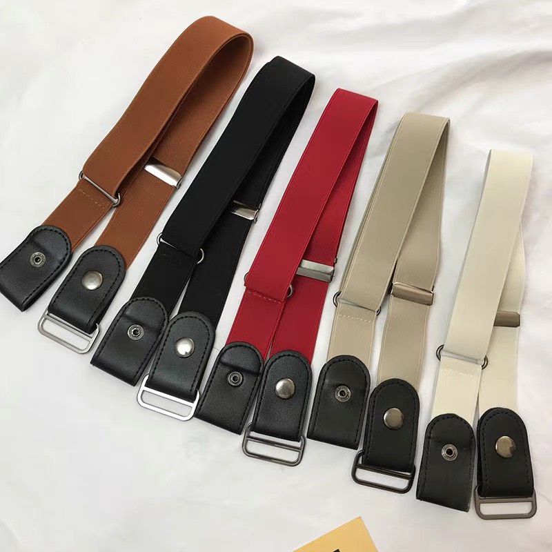 Thắt lưng lười dây chun có nút Thắt lưng khuy cài bấm màu trơn điều chỉnh lưng quần Jean