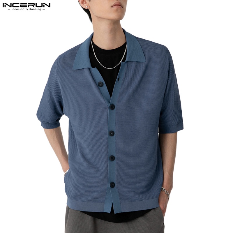 INCERUN Áo Sơ Mi Ngắn Tay Dáng Rộng Màu Sắc Đơn Giản Cho Nam