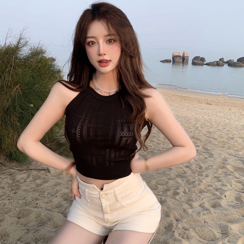 Áo Croptop Dệt Kim Màu Sắc Trơn Thiết Kế Đục Lỗ Phong Cách Hàn Quốc Cho Nữ