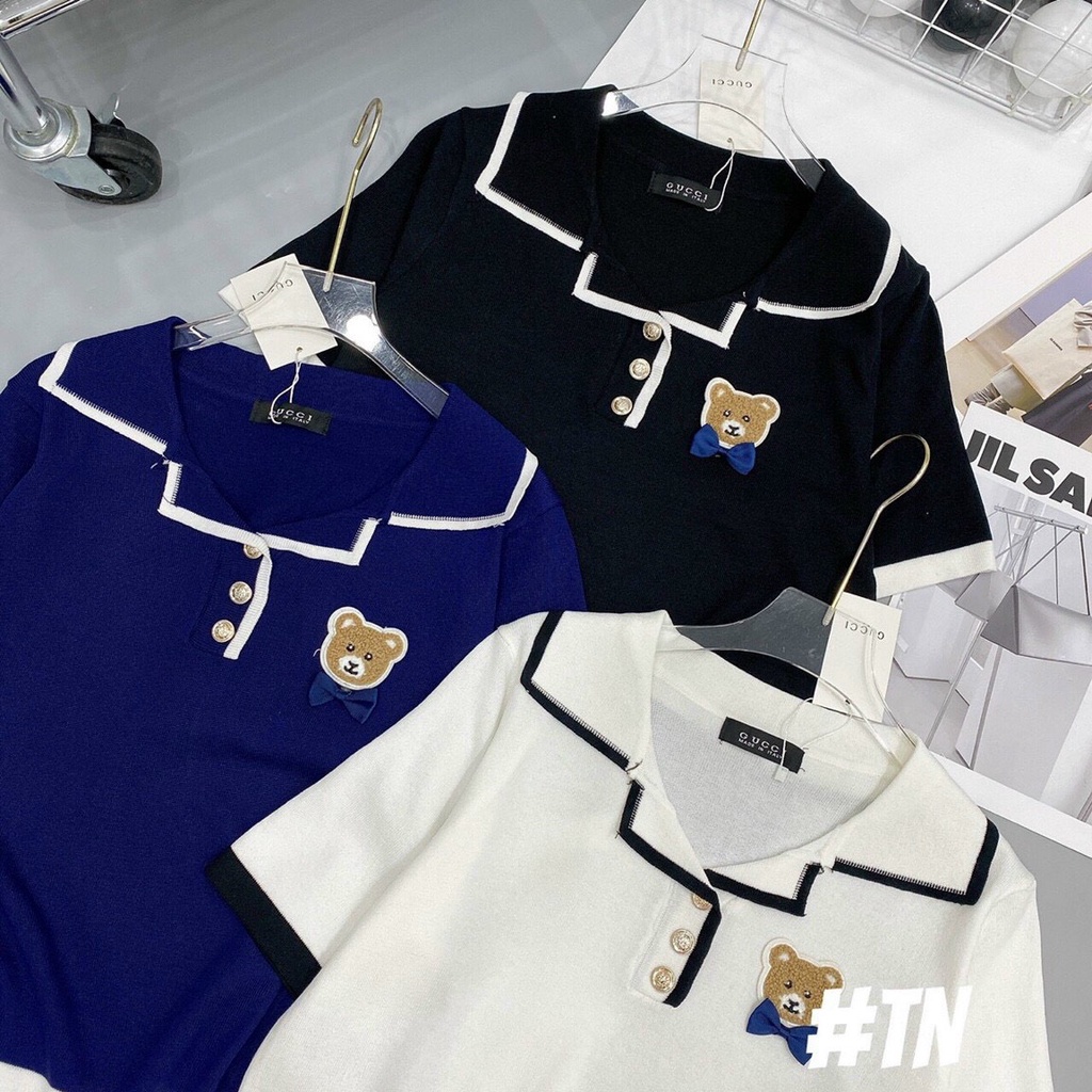 [L2M] Áo len nữ Montoghi dệt kim Quảng Châu cổ bẻ thêu hình GẤU nổi đính kèm NƠ xinh xắn thanh lịch và dễ thương