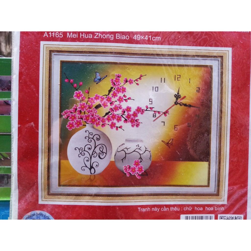Tranh thêu chữ thập đồng hồ bình hoa A1165
