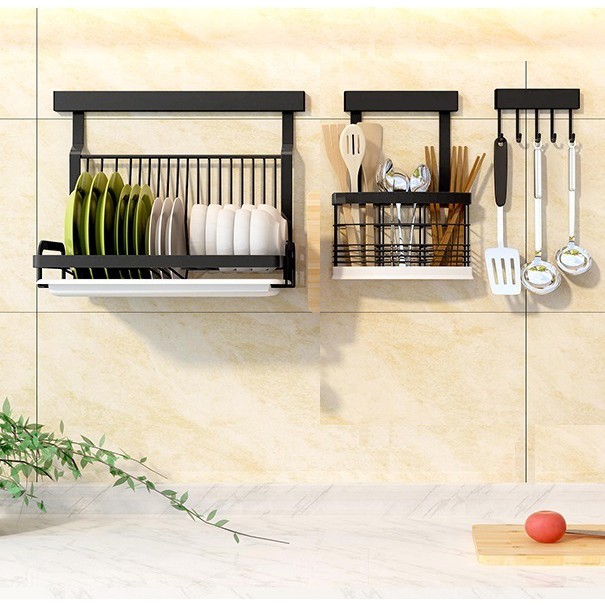 Bộ 2 kệ đựng muỗng đũa chén dĩa và 1 giá treo vá xẻng nấu ăn nhà bếp dán tường thông minh phong cách Hàn Quốc - Onlycook