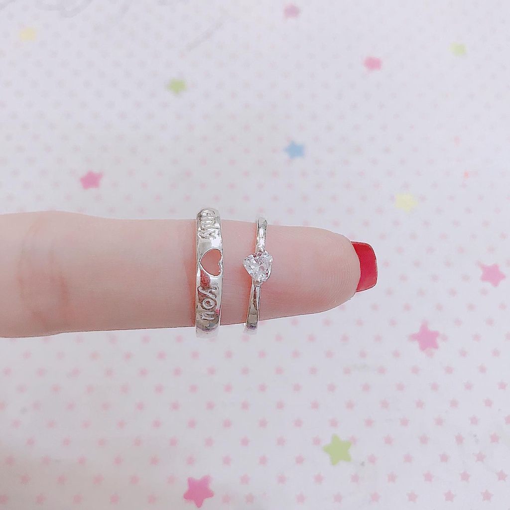 nhẫn đôi bạc ta , nhẫn cặp trái tim yêu thương ,  đính đá nhỏ xinh - bạc ngọc tân