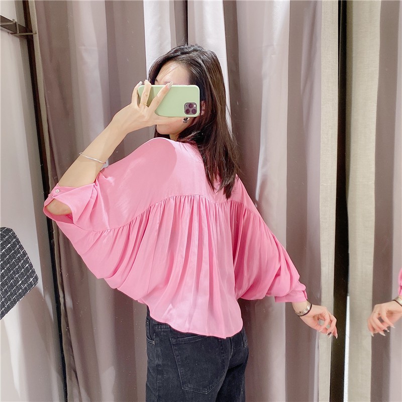 Áo Zara chemise không cổ hồng lanh lụa mát AT9SM49N10