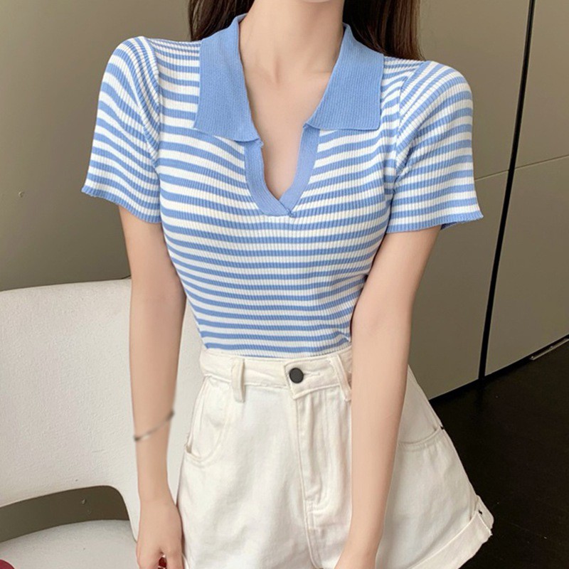 Áo thun nữ ngắn tay cổ bẻ sọc ngang thời trang Hàn