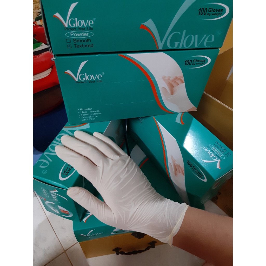 Găng tay cao su Y Tế Vglove có bột chính hãng Khải Hoàn loại 1 dai dẻo (Hộp 100 chiếc) đủ size S,M,L