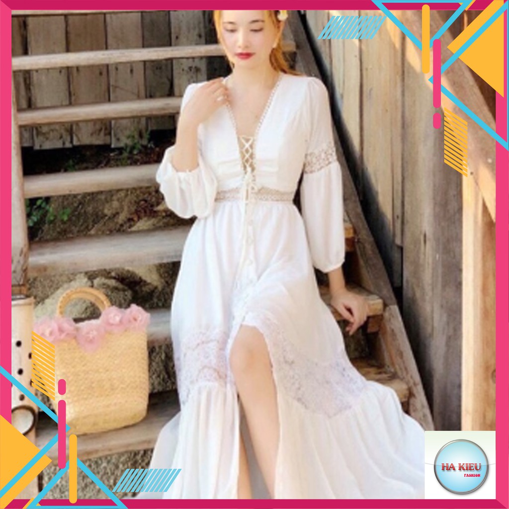 Đầm maxi nữ sẻ tà trắng ren dáng dài tiểu thư công chúa đi biển thích hợp chụp hình kỉ yếu nàng thơ xinh đẹp