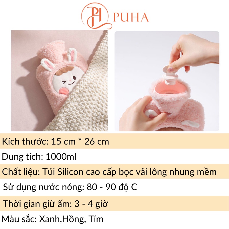 Túi chườm nóng đau bụng kinh PUHA 1000ml,  túi chườm ấm nóng sưởi ấm bụng kinh giảm đau hiệu quả cho nữ, Thỏ VIP