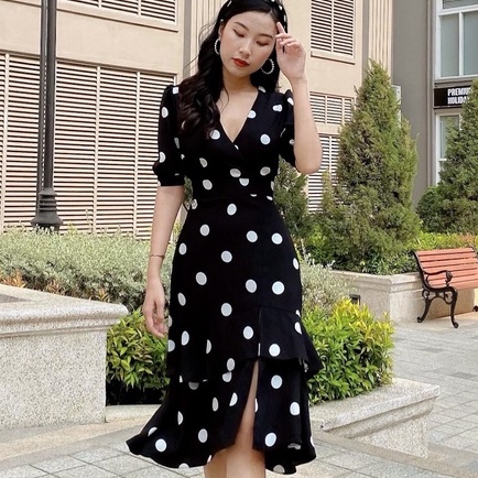 Đầm Công Sở Midi Tay Ngắn Họa Tiết Chấm Bi Cao Cấp Thương Hiệu CQA Boutique CQA0039
