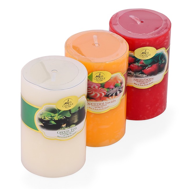 Set 3 nến thơm trụ tròn D5H8 Miss Candle FtraMart NQM0819 (5 x 8 cm) (Cam-đỏ-vàng nhạt)