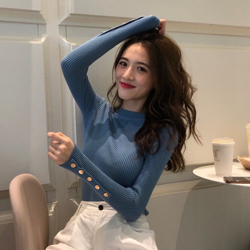 Áo sweater dệt kim tay dài co giãn phong cách Hàn Quốc nhiều màu tùy chọn cho nữ