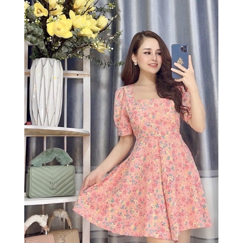 Váy Xòe Nữ 💖FREESHIP💖 Đầm Xòe Họa Tiết Hoa Ngắn Tay Cổ Vuông Sang Chảnh | BigBuy360 - bigbuy360.vn