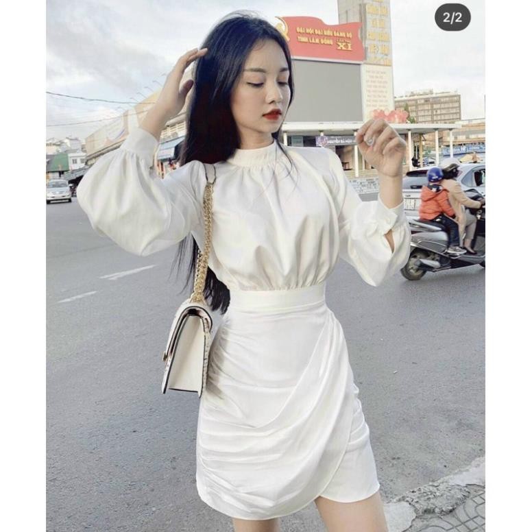 Đầm trắng trụ vạt xéo nhún eo tay phồng chất siêu đẹp 2 màu trắng / nude !