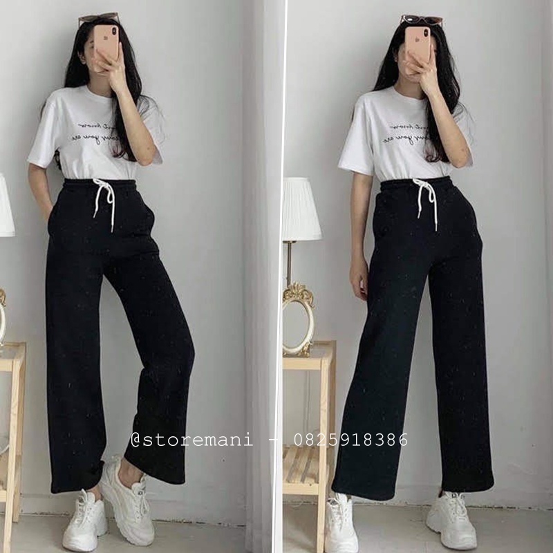 Quần ống rộng thể thao nam nữ chất nỉ da cá có dây rút quần Culottes nữ suông dài kiểu dáng basic màu đen xám mặc ở nhà