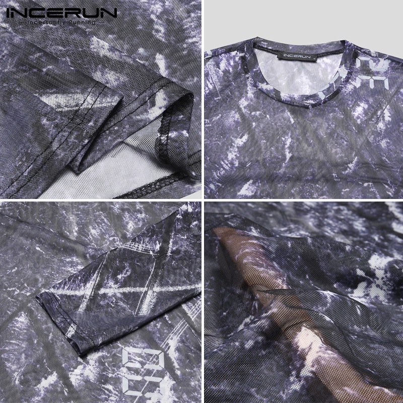 Áo kiểu INCERUN dành cho nam thiết kế tay dài cổ tròn co giãn vải lưới trong suốt mùa hè