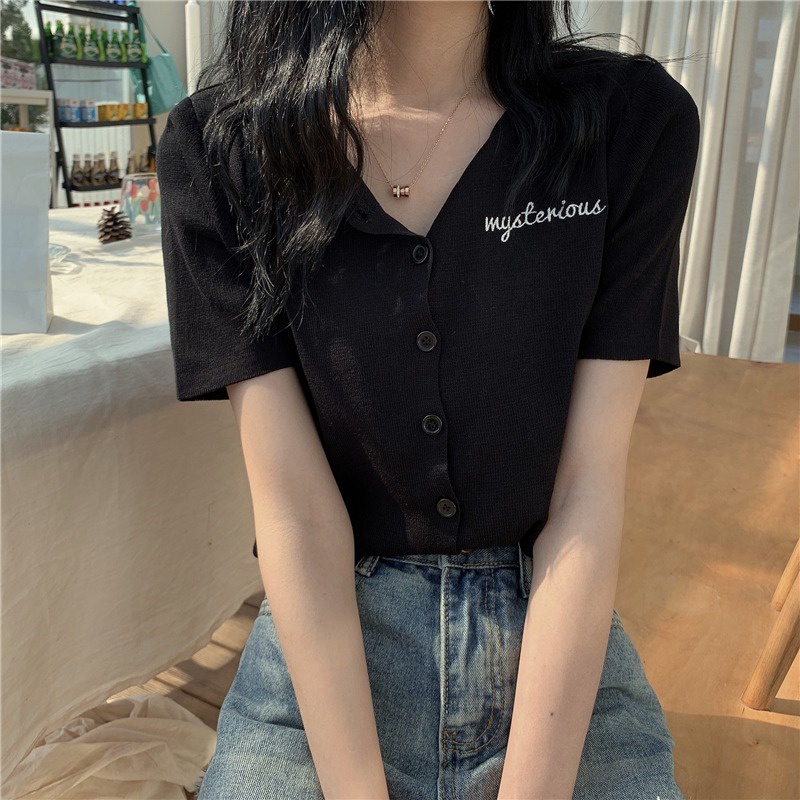 Áo dệt kim ZHELIHANGFEI tay ngắn cổ chữ V thêu chữ phong cách Hàn Quốc thời trang mùa hè cho nữ