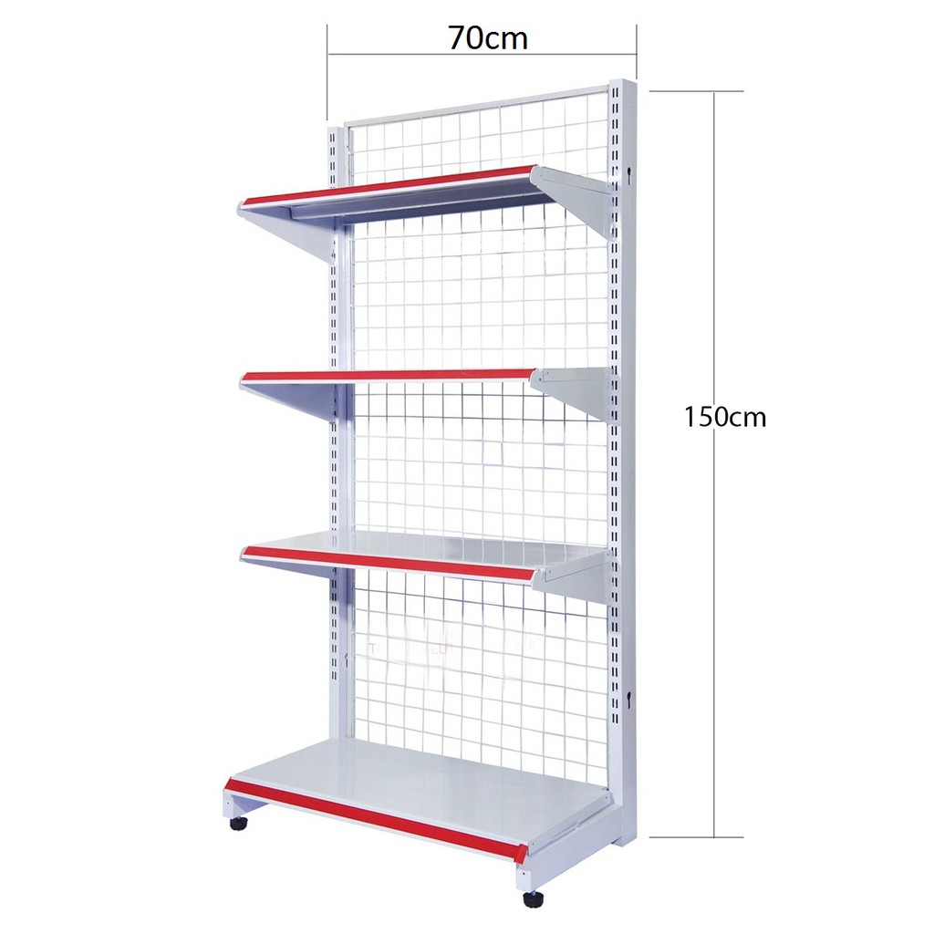 Kệ siêu thị đơn để áp tường , để đầu dãy . Kích thước : Dài 70cm, Rộng 40cm, cao 150cm gồm 4 tầng