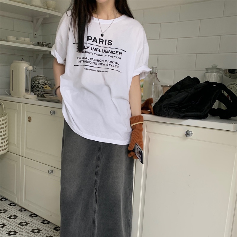 Áo Thun Tay Ngắn Form Rộng In Chữ Kiểu Dáng Đơn Giản