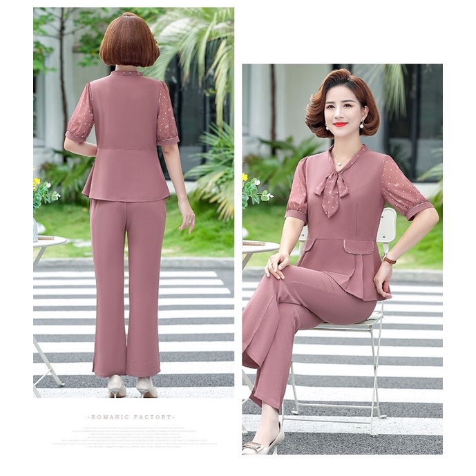 Set bộ đồ trung niên nữ cao cấp, thiết kế cổ nơ sang trọng, thanh lịch, thời thượng NV0910