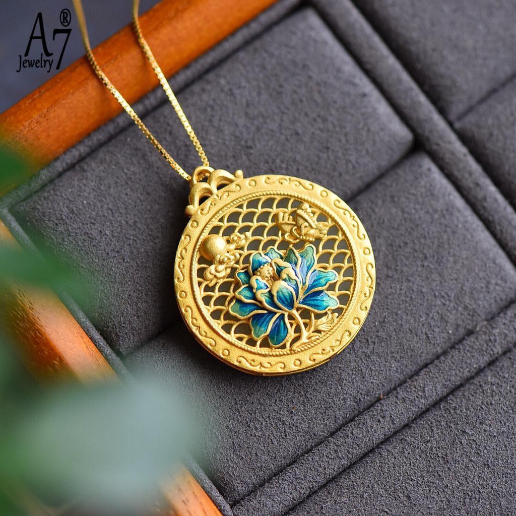 Vòng cổ Mạ Bạc 925 Mặt Hình Tròn Khắc Hoa Sen Phong Cách Trung Hoa Cổ Điển Màu Sắc Tùy Chọn