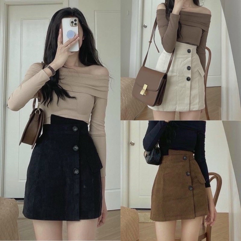 CHÂN VÁY NHUNG TĂM LỆCH TÀ NÚT MIX ÁO CỰC XINH BOM1 aloha shop