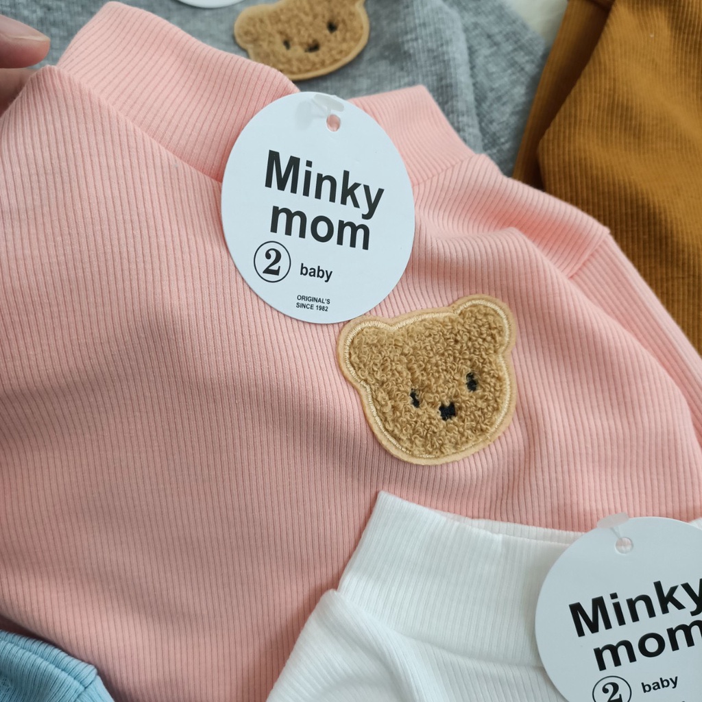 Bộ dài tay cổ 3 phân len gân Minky Mom thêu gấu dày dặn co giãn 4 chiều, mặc thu đông cho bé (6-15kg)