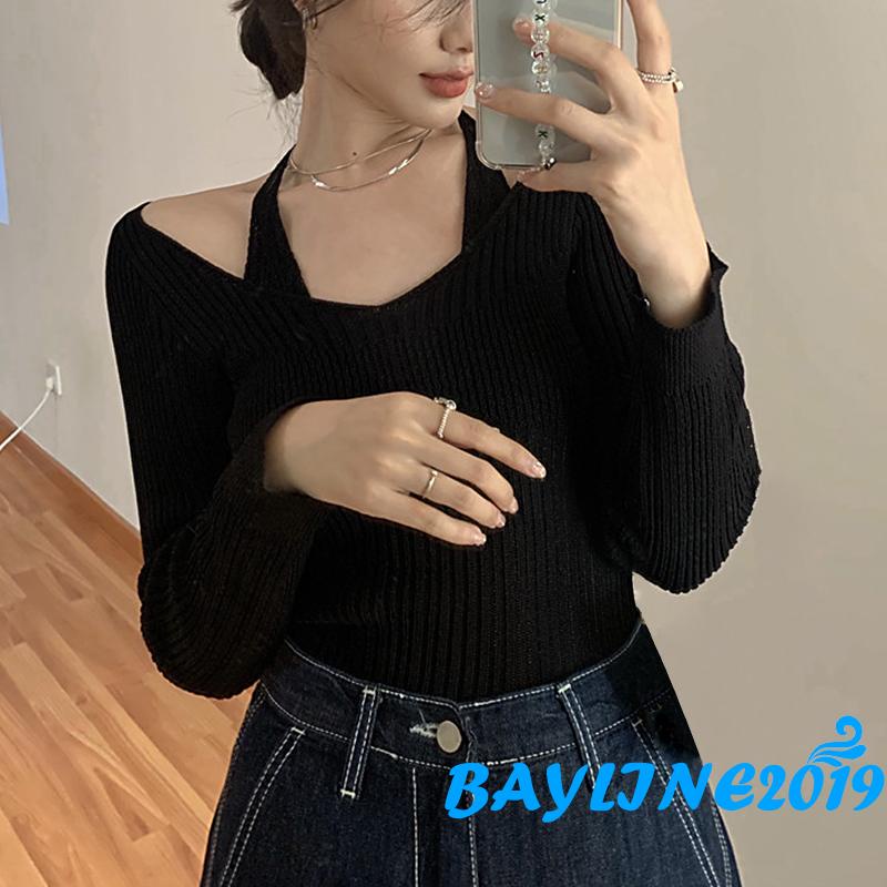 Áo thun dệt kim tay dài màu sắc thời trang cho nữ