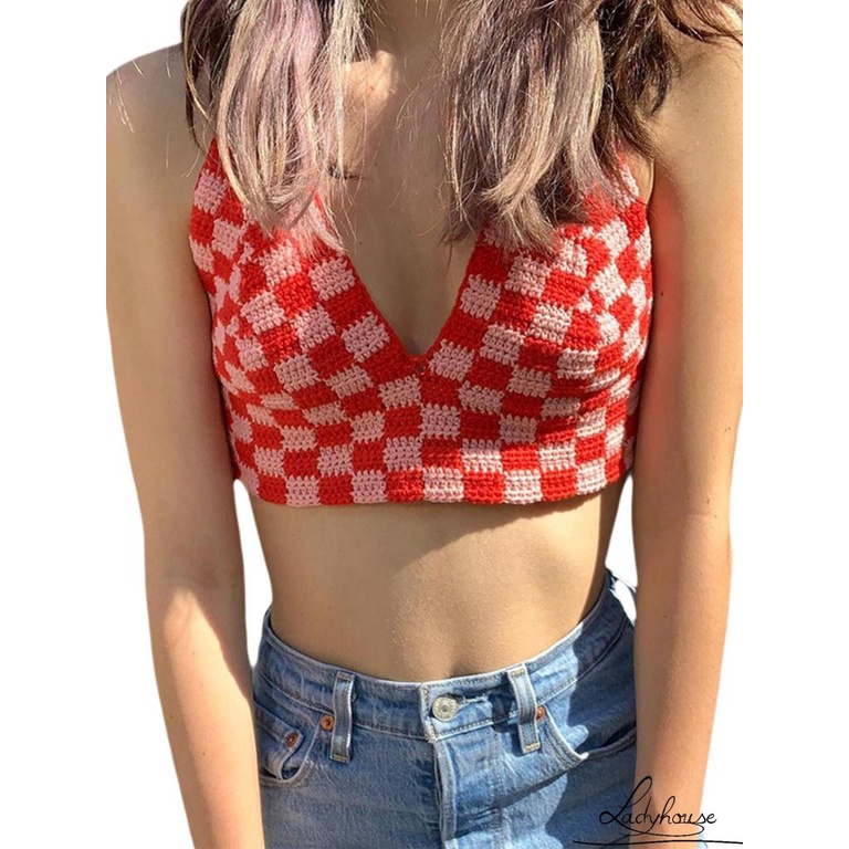 LD-Women´s Halter Crop Cami Tops, Sleeveless Self-Tie Backless Checkerboard Print Crochet Camisole