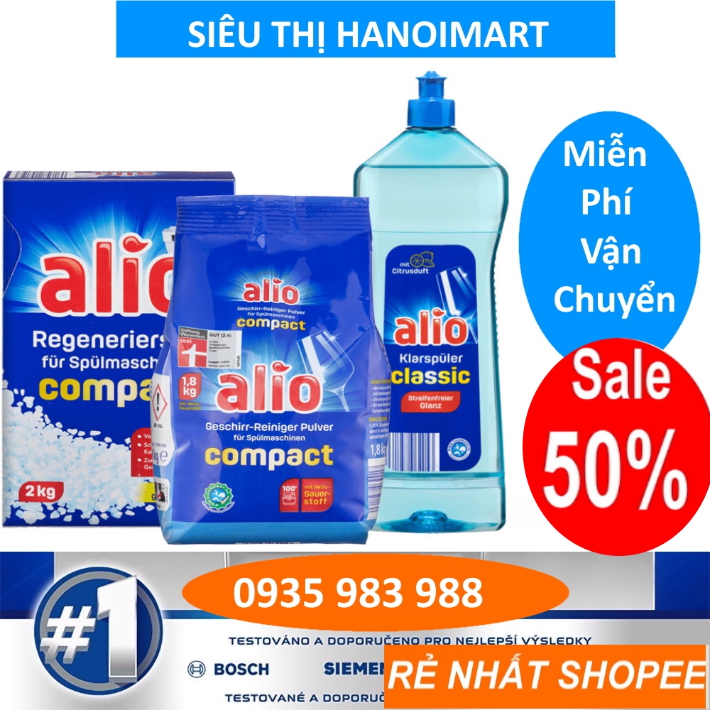 Combo Bột rửa bát Alio 1,8kg + Muối rửa bát Alio 2kg + dung dịch nước làm bóng Alio 1000ml ( bột rửa chén alio 1.8kg 1L)