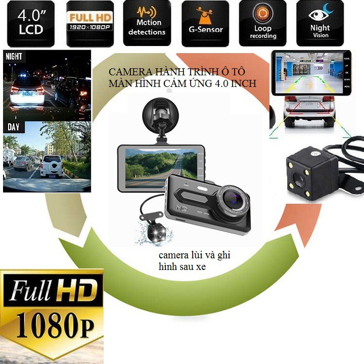 Camera hành trình trên ô tô màn hình cảm ứng - kèm càm lùi sau xe + thẻ nhớ 32G