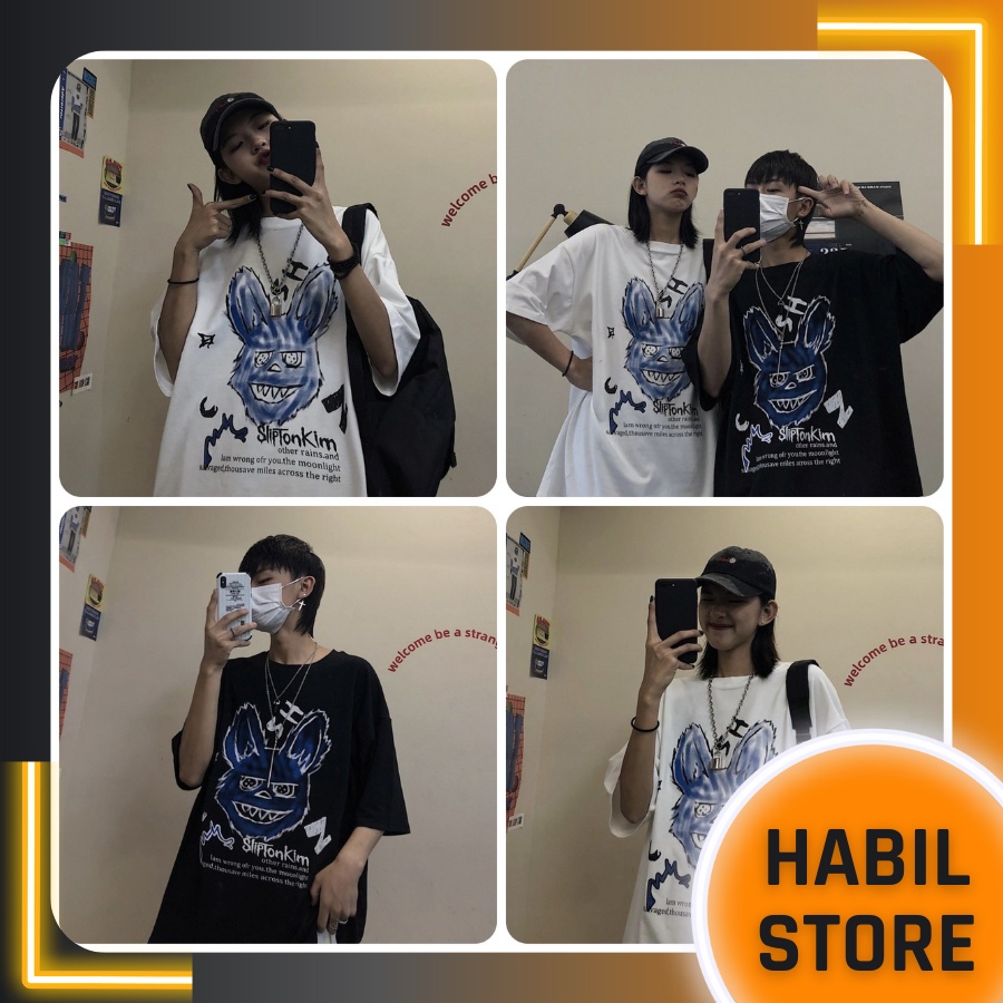 Áo thun tay lỡ 💖FREESHIP💖 Áo phông unisex form rộng cổ tròn tay lỡ dưới 75kg - Thỏ xanh