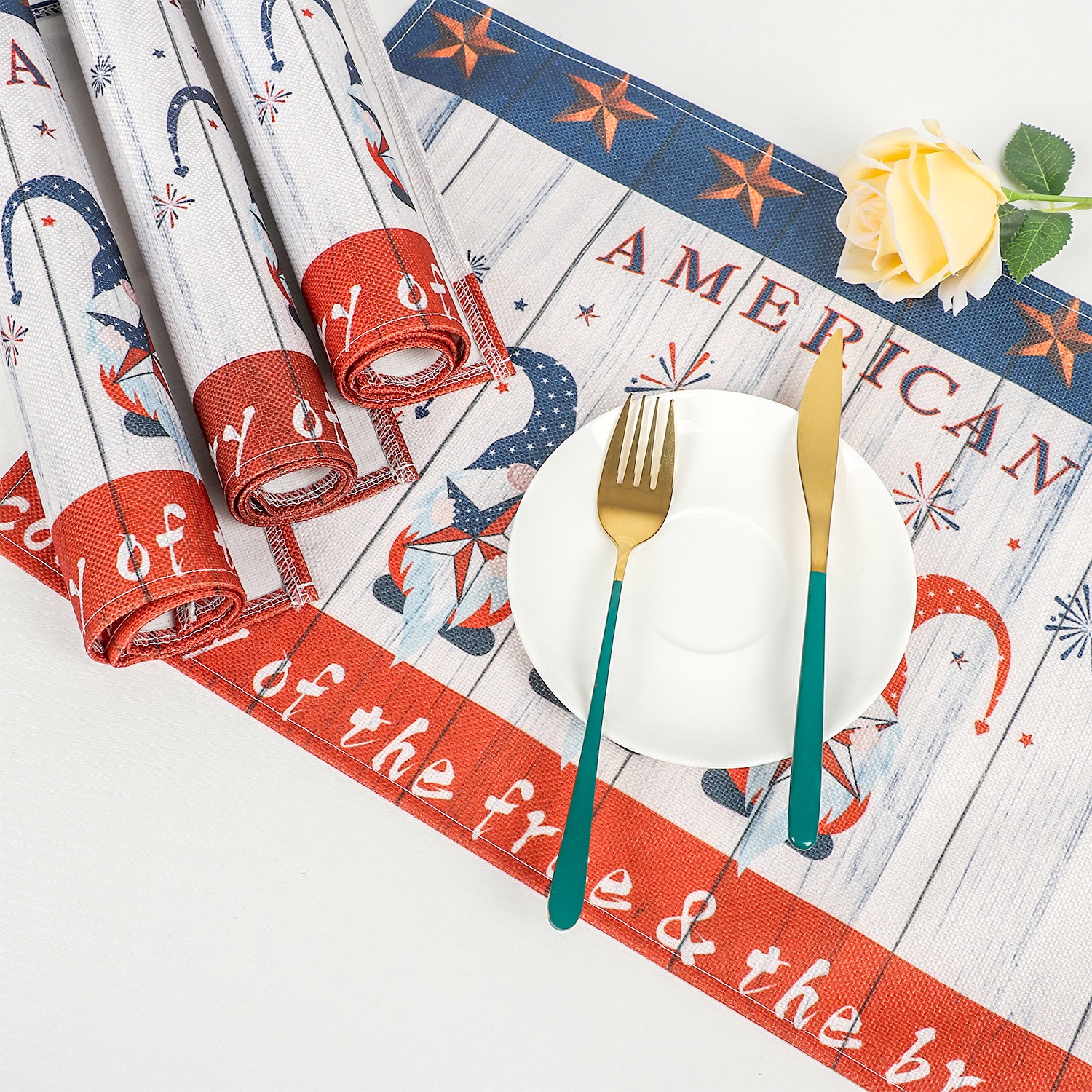 LUCKY 4pcs Party Decorations Gnome Placemats Washable Cotton and linen Placemat Table Mats Non-Slip Heat Resistant Fast Dry Kitchen Dining 4th of July Memorial Independence Day