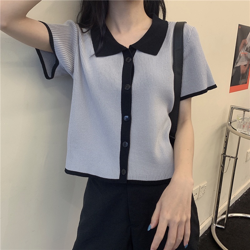 【ZHELIHANGFEI】 / Áo Thun polo Dệt Kim Tay Ngắn Màu Tương Phản Phong Cách Hàn Quốc Dễ Phối Đồ Thời Trang Mùa Hè Dành Cho Bạn Nữ