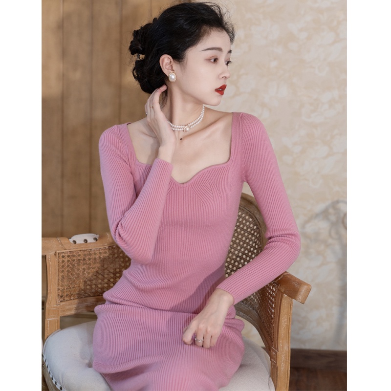 Cocory vn Đầm maxi dệt kim dài tay cổ vuông dáng ôm thời trang gợi cảm dành cho nữ
