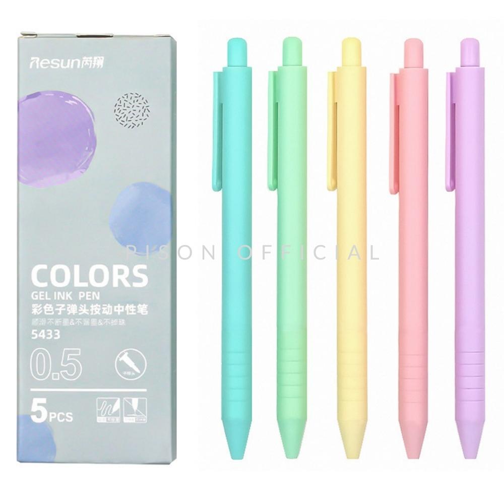 Hộp 5 bút bi bấm mực gel nhiều màu Resun tay cầm silicon Pison ngòi viết 0.5mm - 1 bộ