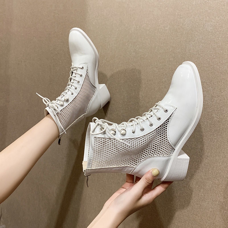 High Quality British Style Dr. Martens BootsinsTrendy Women's Summer Korean Ankle Boots Chunky Heel Mesh Sandal Boots Hollow All-Match Sandals