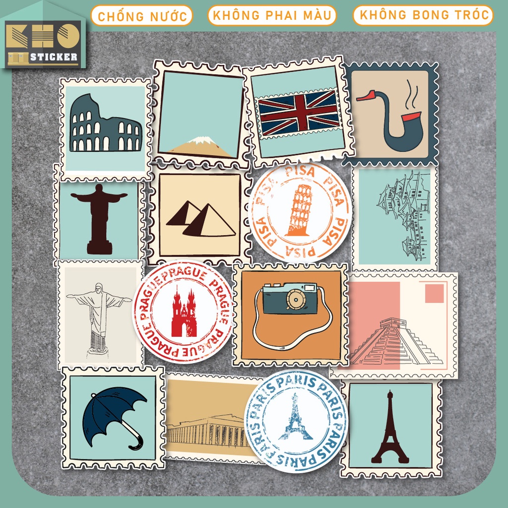 Combo 50 Sticker Retro Stamp chống nước sticker dán laptop, điện thoại, đàn guitar, mũ bảo hiểm, vali. MSP: ST77
