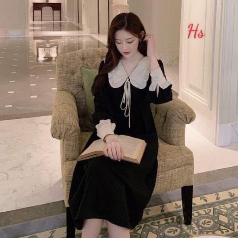 Váy đen dài tay bèo trắng buộc nơ cổ HS