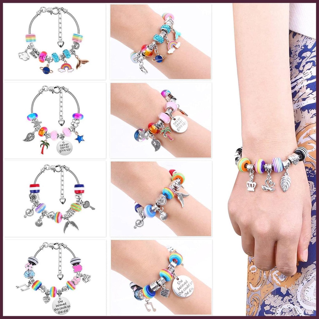 Bộ Vòng Tay Xỏ Hạt Màu Cầu Vồng Họa Tiết Kỳ Lân Dễ Thương Cho Bé Gái