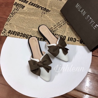 Giày mules nơ mũi nhọn gót vuông 3cm