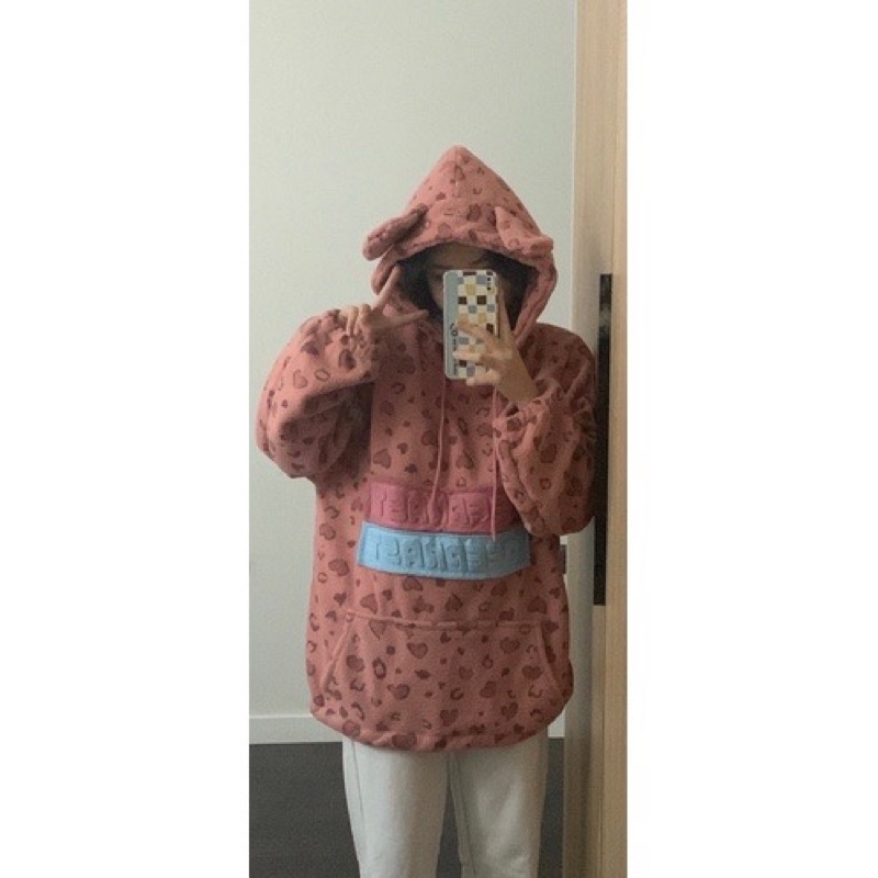 Áo hoodie hồng hoạ tiết da báo chất lông cừu lót lông dày dặn có size từ 40kg-85kg
