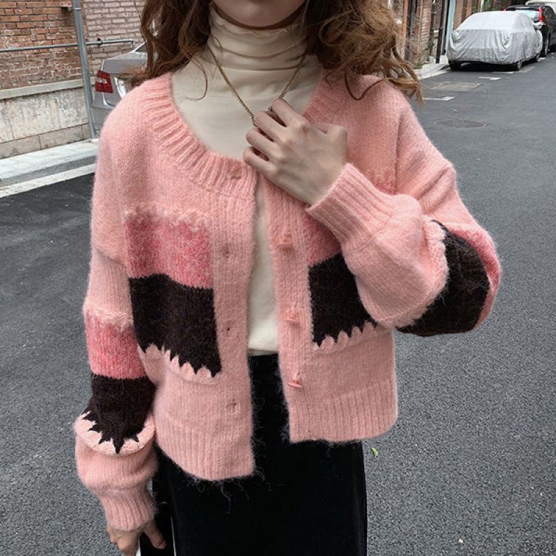 Áo khoác len Cardigan dáng rộng ngắn màu tương phản thời trang thu đông cho nữ