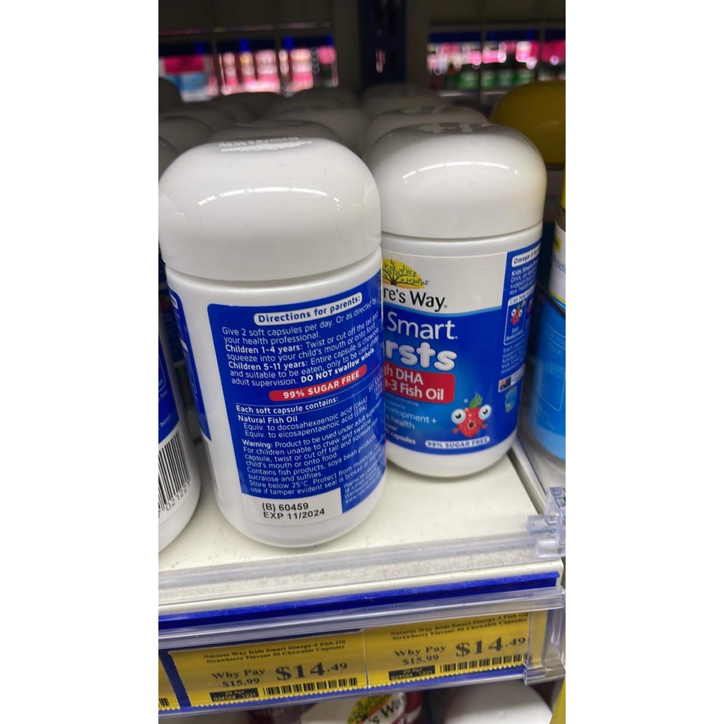 Dầu cá kèm DHA mùi dâu cho bé Nature's Way Kids Smart Bursts High DHA Omega-3 Fish Oil Strawberry - Hàng Úc đủ bill