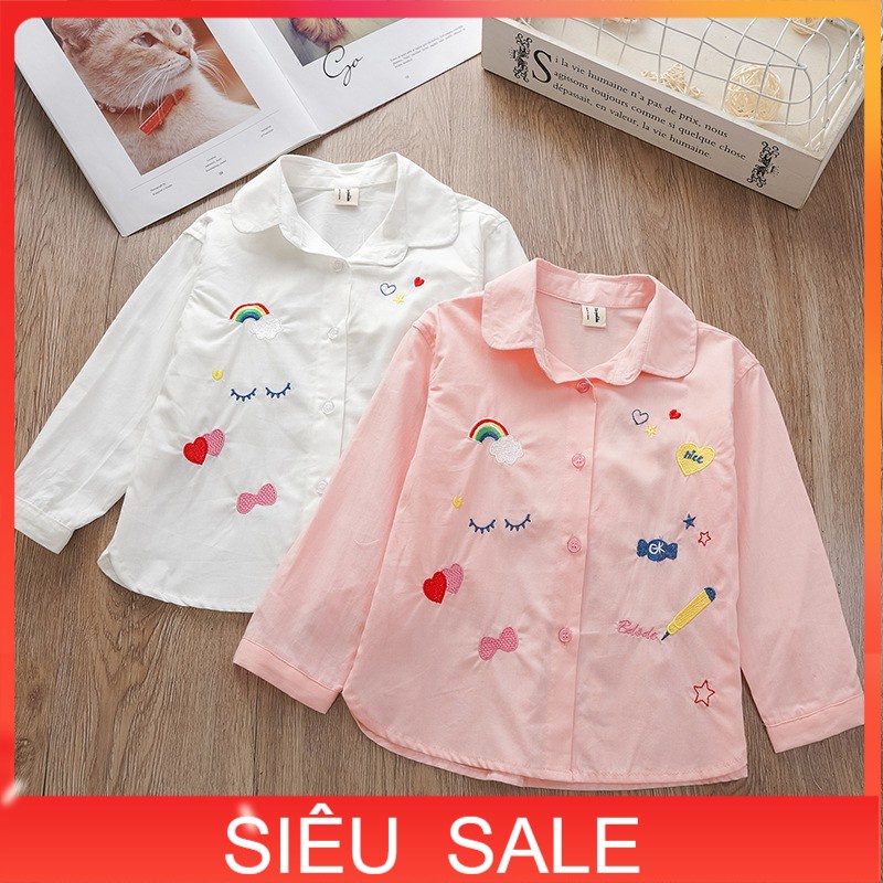 Áo sơ mi dài tay bé gái 3-12 tuổi thêu nhiều hình, Sơ mi điệu trẻ em chất liệu vải thô cao cấp kiểu dáng thời trang