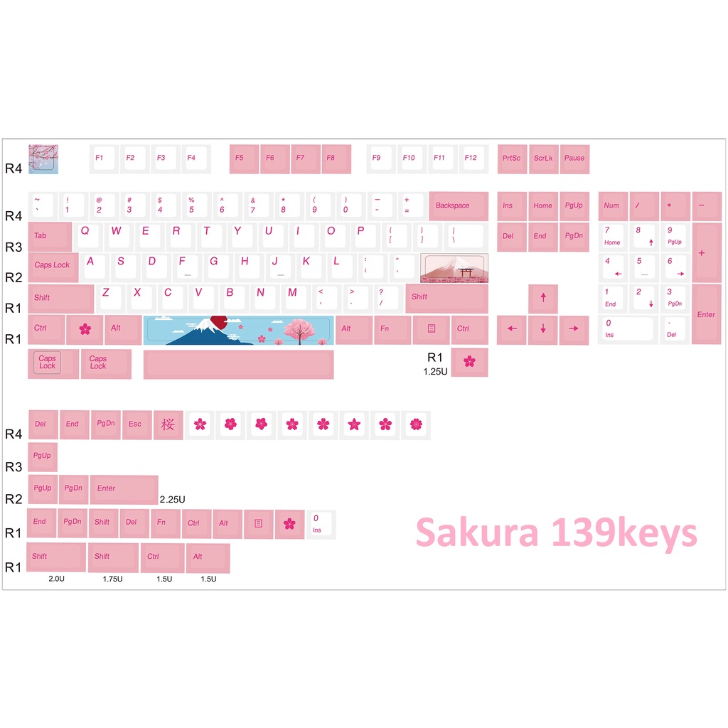 Set Keycap PBT nút bàn phím cơ phối màu 9009, Sakura phù hợp nhiều layout cơ bản