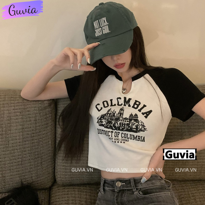 Áo Croptop Ôm Body Nữ COLOMBIA Tay Ngắn Cổ Xẻ V, Áo Thun Croptop Kiểu Sexy In Họa Tiết GUVIA CR59