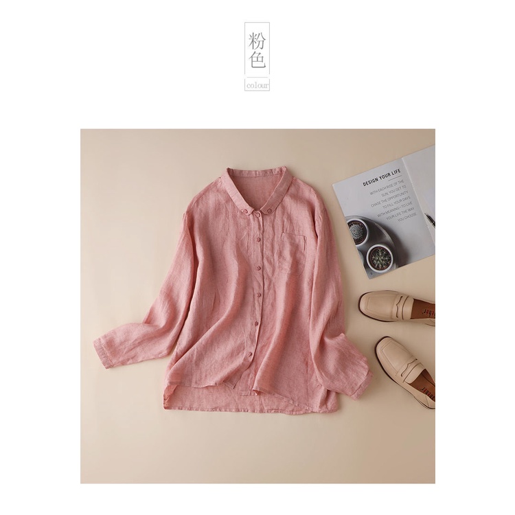 Áo Sơ Mi Cotton Lanh Tay Dài Cổ Đứng Chống Nắng Màu Hồng Thời Trang Mùa Thu 2022