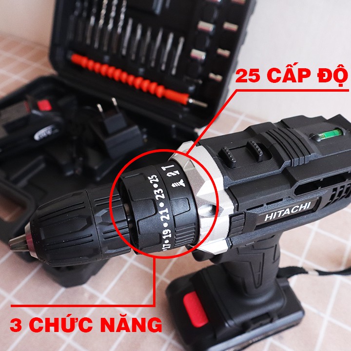 [Tặng bộ 24 mũi khoan] Máy Khoan Pin Hitachi 36v có búa–3 chức năng kèm 2 pin chuẩn 5 cell, Lõi đồng - Máy Bắn Vít Cầm