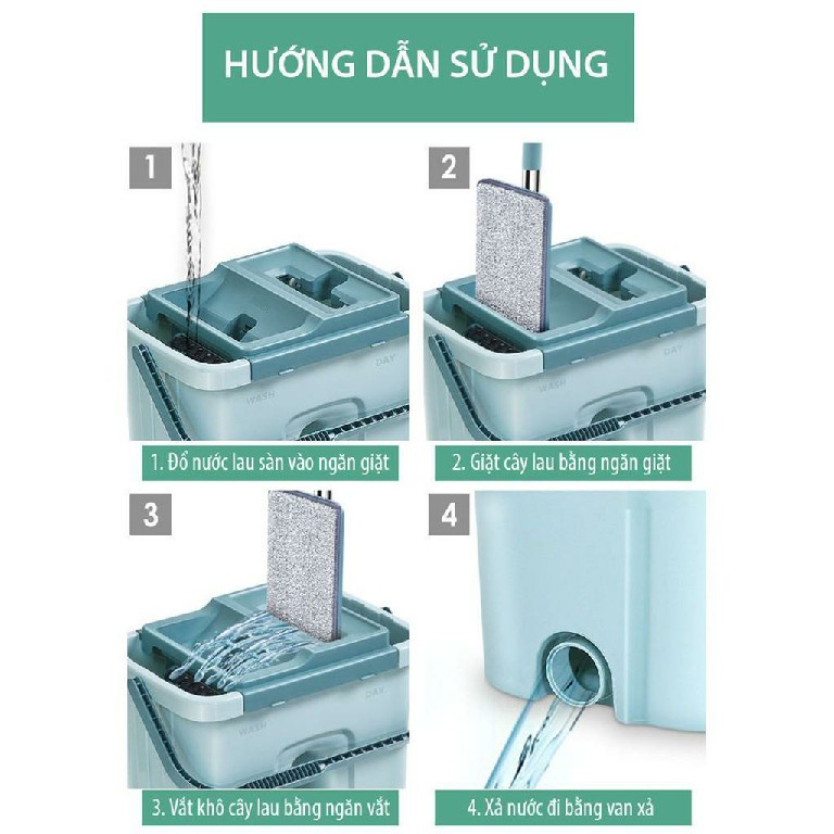 Bộ Cây Lau Nhà Chổi Lau Nhà 2 ngăn Tự Vắt 360 Độ, Bông Lau Lớn 38cm, Thùng Lớn 2 Nút Xải - Điện nước gia dụng Hoàng Kim